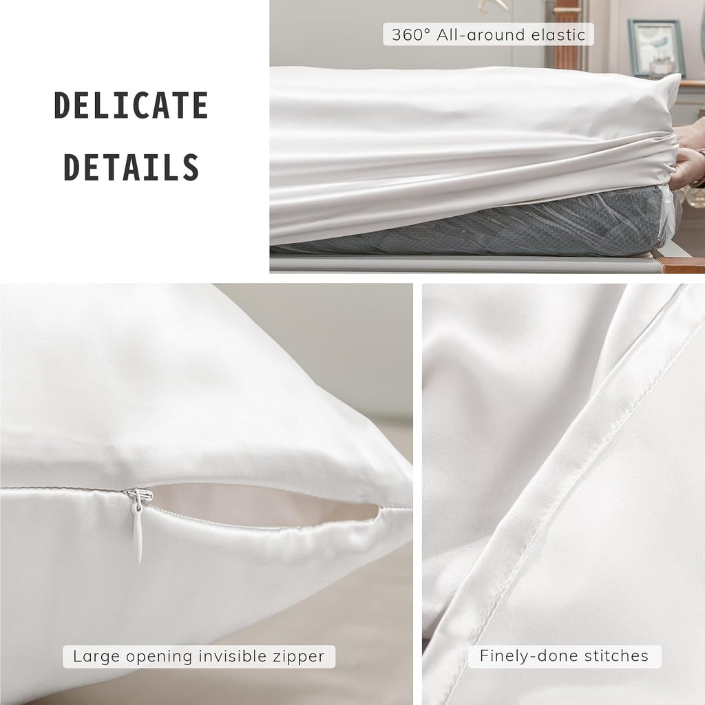 PROMEED 100% Pure Mulberry White Silk Sheet Set 4pcs, 23 Momme Grade 6A+ Silk Bed Sheets Set with Cooling Sheets and Pillowcases (White, Queen)