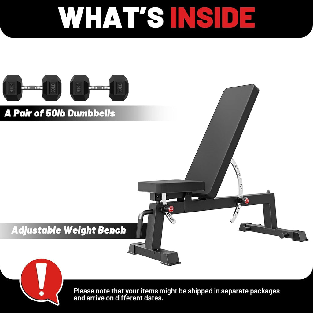 PAPABABE Adjustable Weight Bench with Weight Set, Heavy-Duty Workout Bench with Two-Way Angle Adjustment, Comfortable Extended & Easy-to-Clean Backrest, Transport Wheels & Easy Mobility for Home Gym