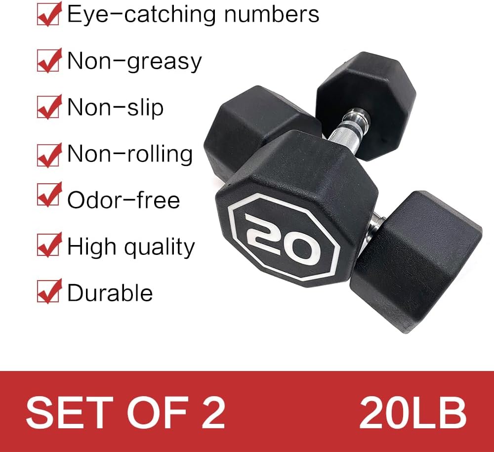 20LB Hex Dumbbell Set of 2, Non-Slip & Non-Rolling Octagon Grip Dumbbells, Solid Cast Iron with Chrome Coating, Home Gym Equipment for Strength Training, Weight Lifting, and Fitness Workouts