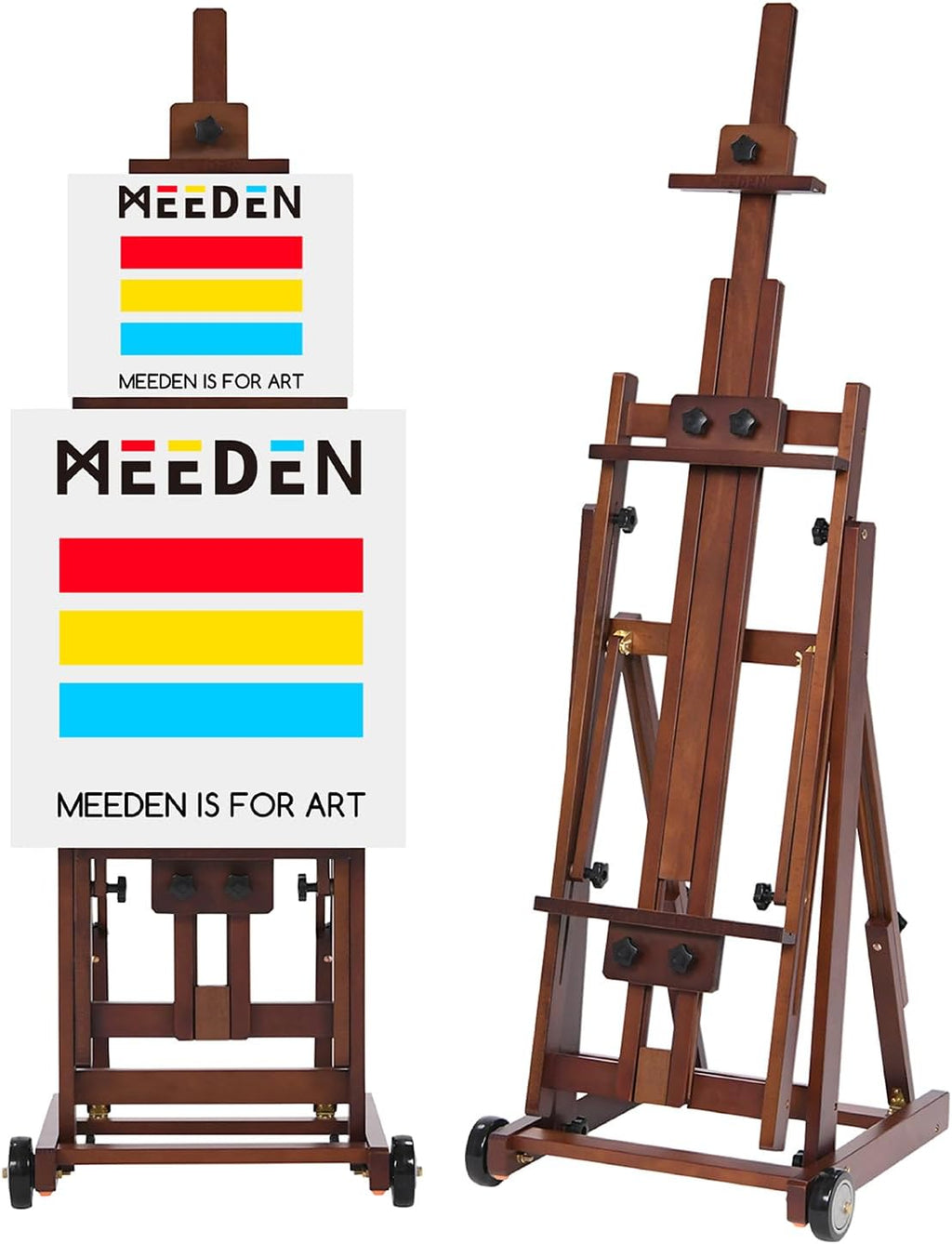 MEEDEN Studio H-Frame Easel -Adjustable Beech Wood Studio Art Easel, Painting Floor Easel Stand, Movable and Tilting Flat Available, Holds Canvas Art up to 77',Classic Walnut