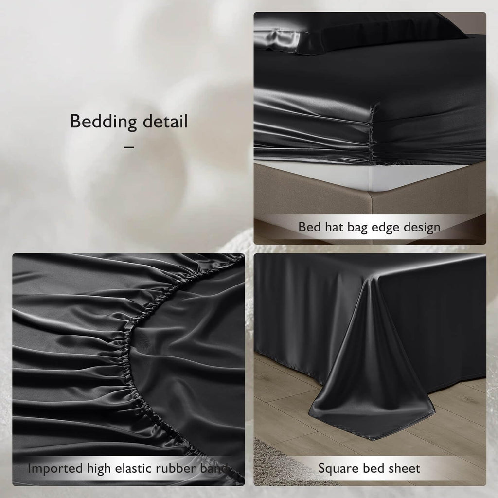 DISANGNI 22 Momme 100% Mulberry Silk Bedding Set - 4-Piece Luxury (2 Pillowcases, 1 Fitted Sheet, 1 Flat Sheet) - 6A Grade Natural Silk (Black, Queen)