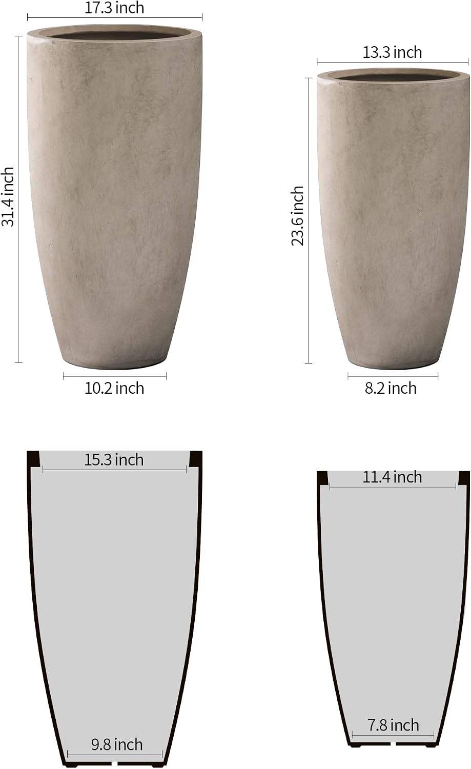 Kante 31.4' and 23.6' H Weathered Concrete Finish Concrete Tall Planters Large Outdoor Indoor Decorative Plant Pots with Drainage Hole and Rubber Plug, Modern Tapered Style for Home and Garden
