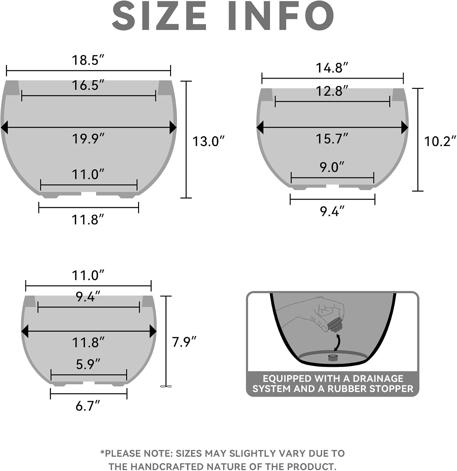 Kante 19.9',15.7',11.8' Dia Round Concrete Planter Set of 3, Outdoor/Indoor Large Bowl Plant Pots with Drainage Hole and Rubber Plug for Garden Patio Balcony Home, Weathered Concrete