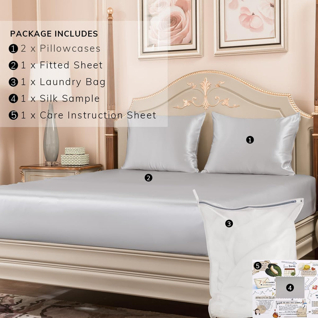 PROMEED 22 Momme Silk Sheet & Pillowcase Sets with Deep Pocket Fitted Bed Sheet and Pillowcases, All Premium Grade 6A Mulberry Silk Bed Set 3 Piece (Light Grey, California King)