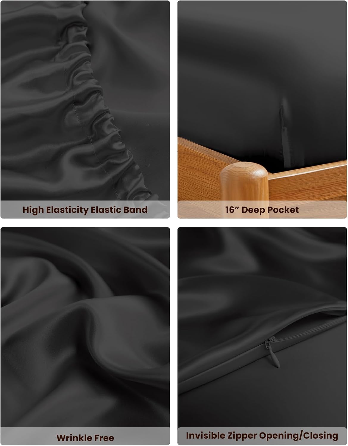 THXSILK 100% Mulberry Silk Bed Sheet Set - 3pcs Pure Silk Sheet Set - 16' Deep Pocket Fitted Sheet, 2 Pack Silk Pillowcase with Zipper Closure - Twin Size, Black