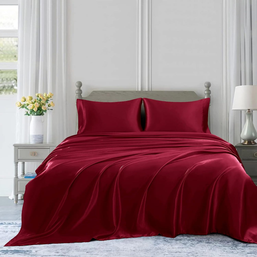 22 Momme 100% Mulberry Silk Bedding Set - 4-Piece Luxury Queen Size (2 Pillowcases, 1 Fitted Sheet, 1 Flat Sheet) - Fits 14-16' Deep Pocket (Solid, Burgundy)