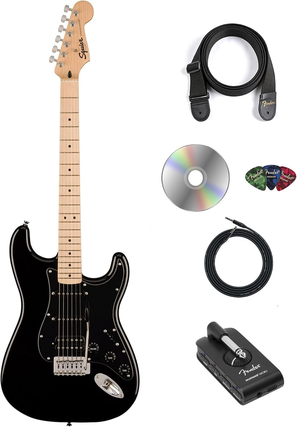 Fender Squier Sonic Stratocaster HSS - Black Bundle with Fender Mustang Micro Headphone Amplifier, Strap, Cable, Picks, and Austin Bazaar Instructional DVD