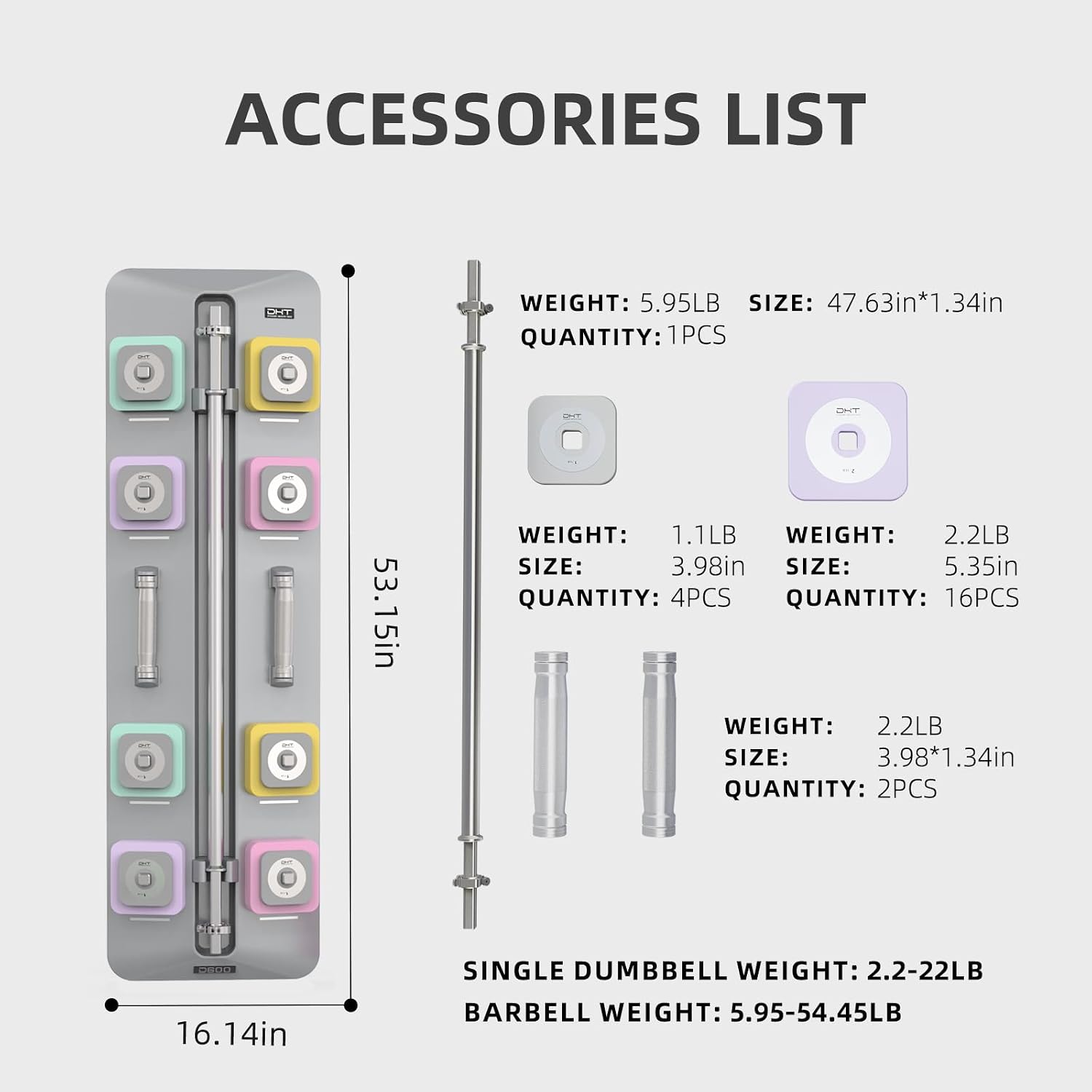 DHT Adjustable Dumbbells, Dumbbell Barbell Sets with Rack, Free Weights Dumbbells Set All-Purpose Fitness, Anti-Rolling, Weights Set for Home, Gym, Office, Wall-Mounted, 2.2-50 lbs, 1 Set / 2 in 1