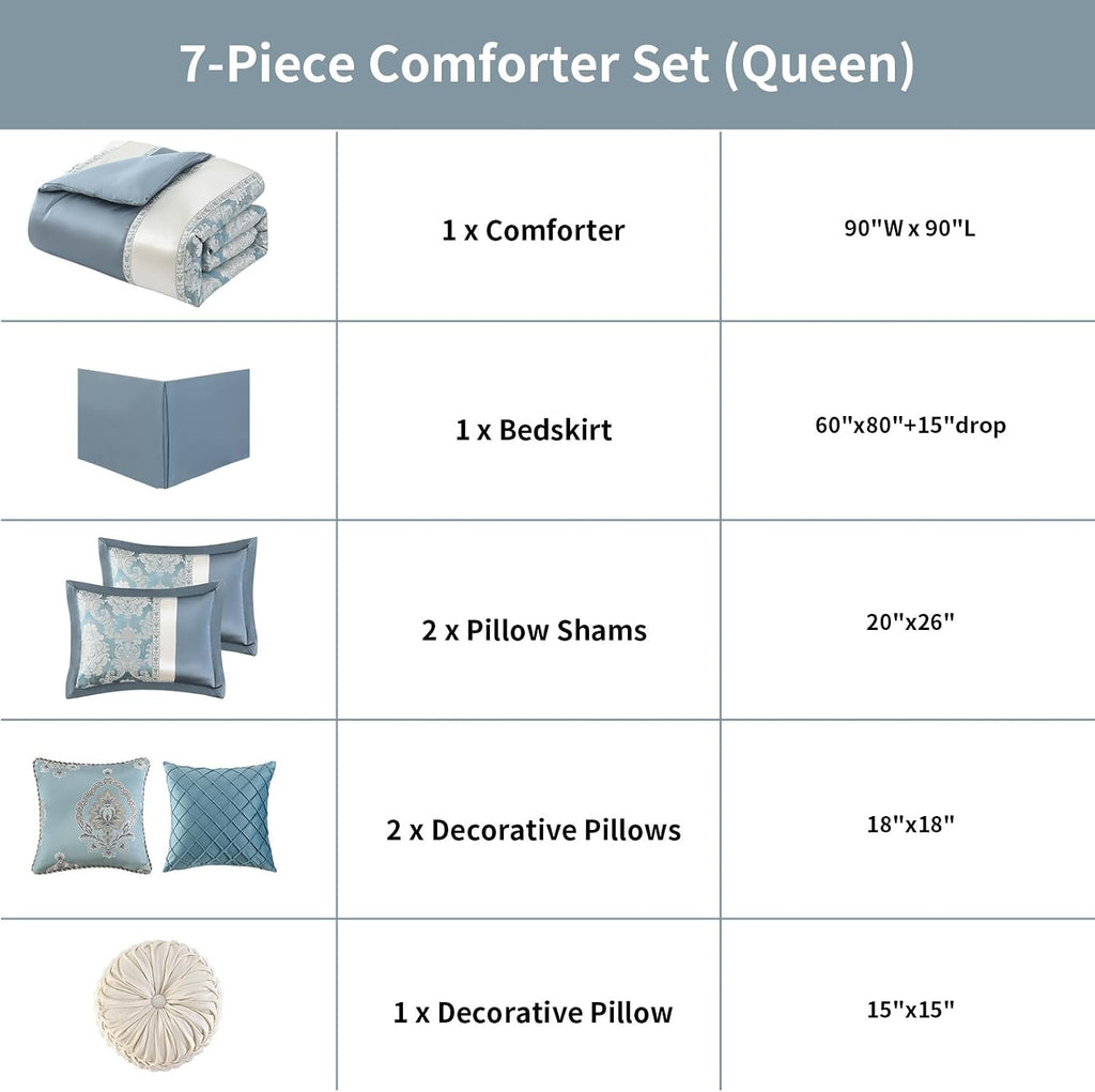 Queen Jacquard Comforter Set Teal Blue Cream - Luxury 7-Piece Bed in a Bag, Damask Patchwork Design, All Season Faux Silk Soft Fluffy Bedding with Bed Skirt, Shams, Pillows, 90'x90'