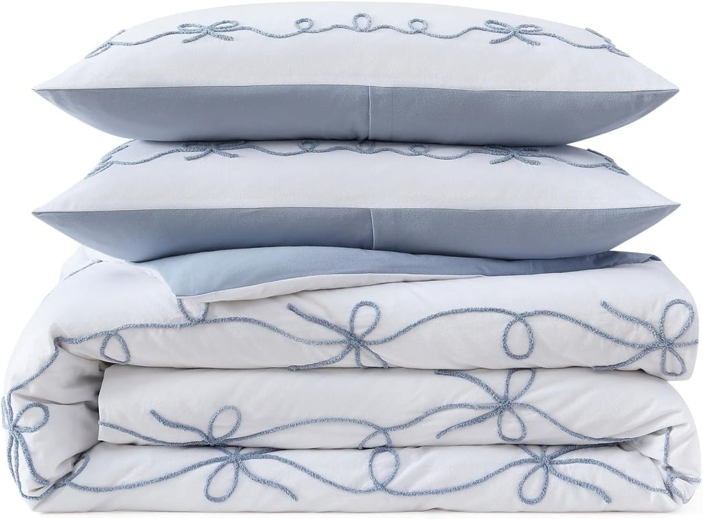 Peri Home Bows Bedding Cottage Core 100% Cotton 3-Piece Comforter and Sham Set, King, Blue Sasha Bows