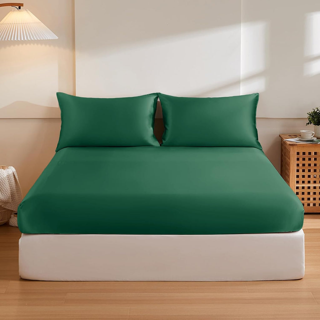 THXSILK 6A+ Top Grade 100% Pure Mulberry Silk King Fitted Sheet 3Pcs Set Bed Sheets Luxury Bedding for Hair and Skin Healthy Natural Materials, 1 Fitted Sheet with 2 Pillowcases, Emerald Green
