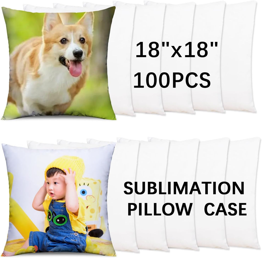 OKBA 100Pcs Sublimation Blanks Pillow Cases White Cushion Covers Blanks Throw Pillow Covers Heat Transfer DIY Custom Picture Pillow Covers Glossy Satin Cushion Covers(18 x 18 inches)