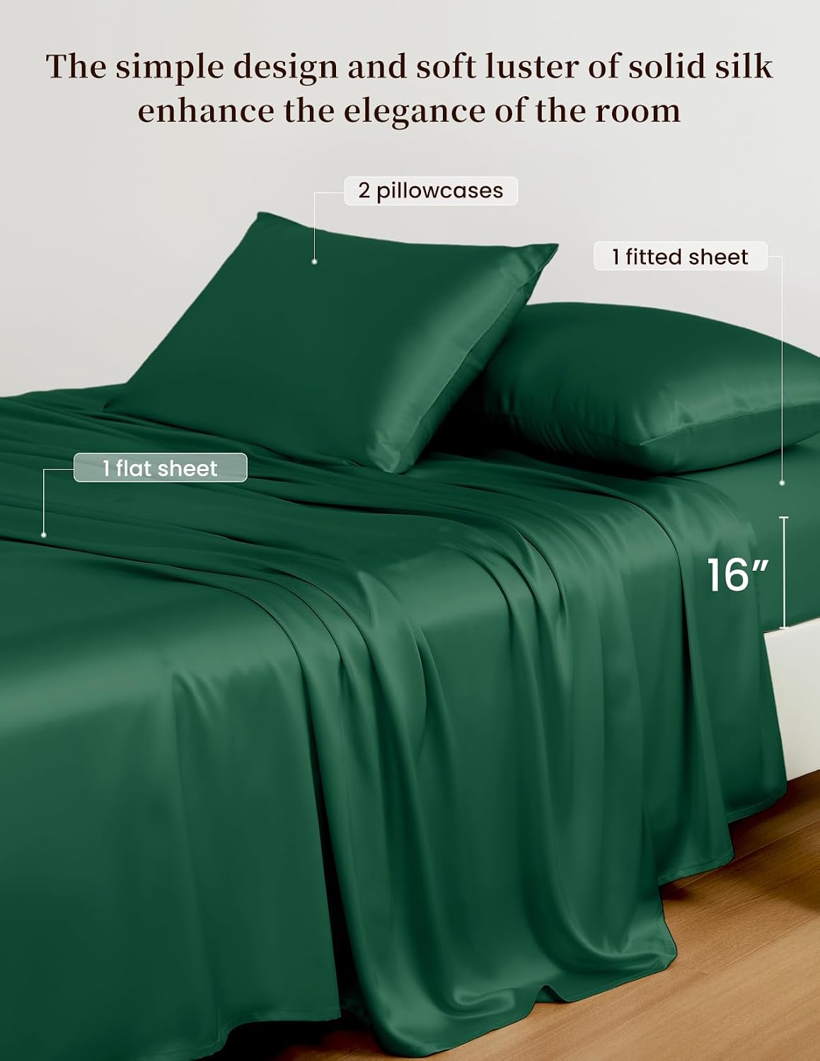 THXSILK 100% Mulberry Silk Bed Sheets Set - 4pcs Pure Silk Sheets Set - Flat Sheet, 16' Deep Pocket Fitted Sheet, 2 Pack Silk Pillowcase with Zipper Closure - Queen Size, Emerald Green