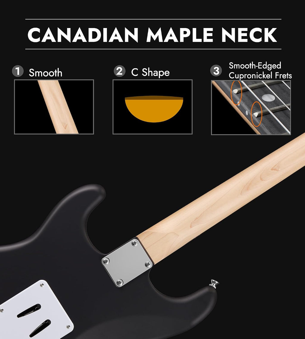 Tostar Beginner Electric Guitar, Solid Body, 39' Full Size Strat Style with HSS Pickups, 5-Way Switch, Tremolo Bridge, Maple Neck & Tectona Fretboard, Ideal for Beginners and Gifting, Black