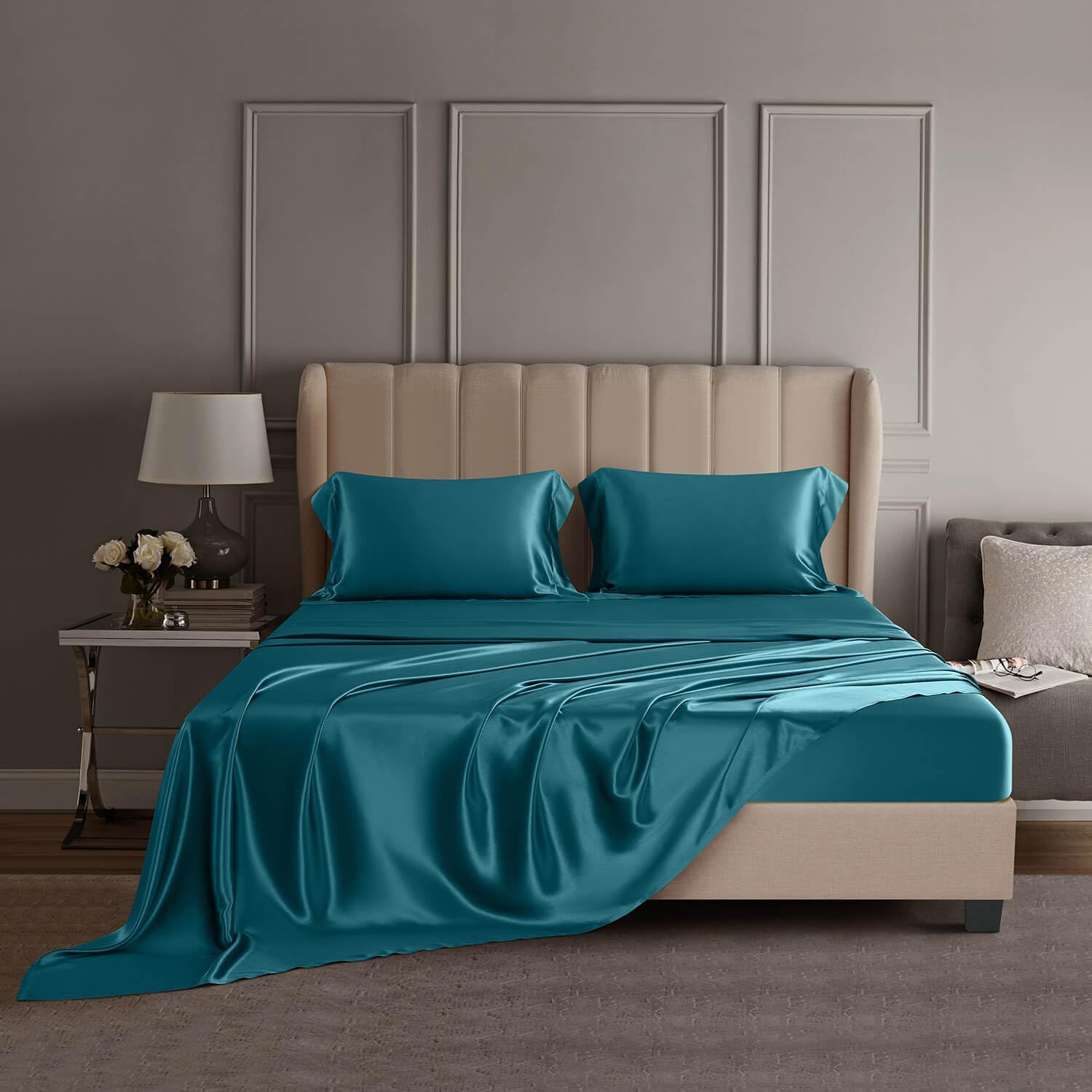 DISANGNI 22 Momme 100% Mulberry Silk Bedding Set - 4-Piece Luxury (2 Pillowcases, 1 Fitted Sheet, 1 Flat Sheet) - 6A Grade Natural Silk (Blue Green, Queen)