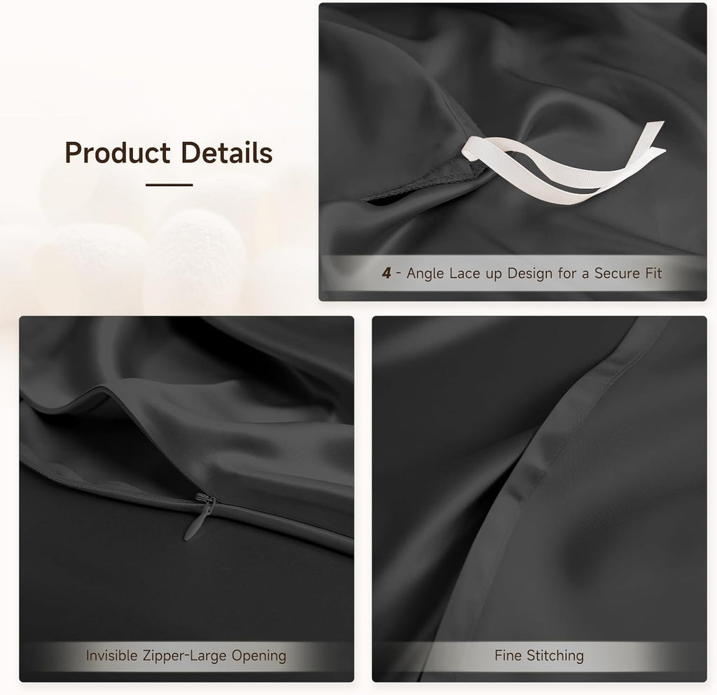 THXSILK 100% Pure Mulberry Silk Duvet Cover Set 3 Piece, 6A+ Grade Luxury Soft Bedding Silk Sheets for Hair and Skin, 1 Pcs Duvet/Quilt/Comforter Cover with 2 Zippered Pillowcases (Black, Twin)