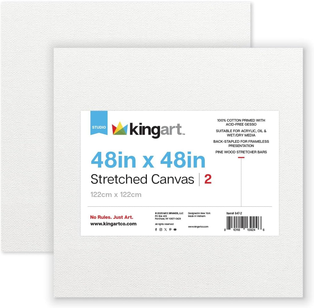KINGART 847-2 White Stretched Canvas, 100% Cotton, Gesso Primed, for Acrylic, Oil & Mixed Media, 48' x 48', Pack of 2