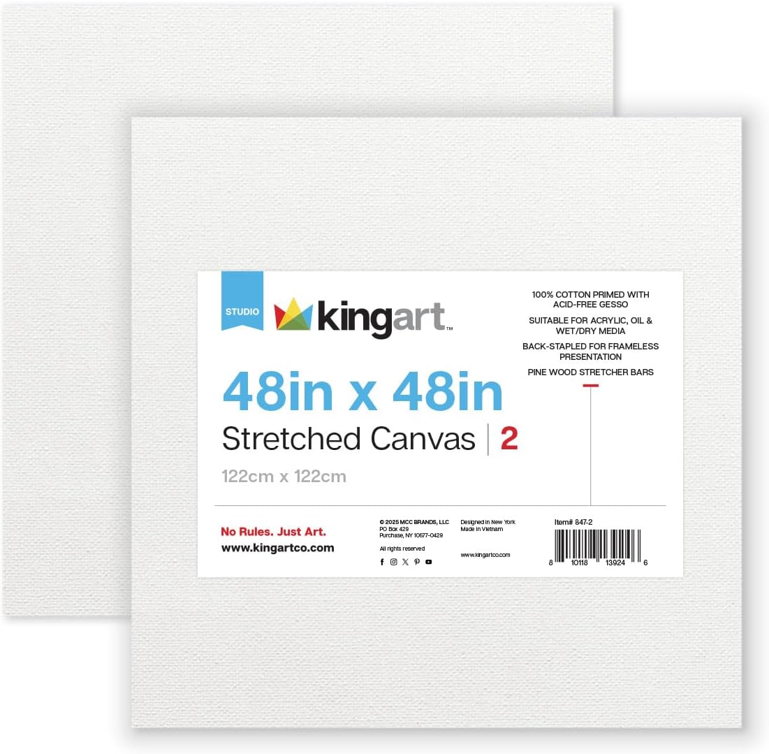 KINGART 847-2 White Stretched Canvas, 100% Cotton, Gesso Primed, for Acrylic, Oil & Mixed Media, 48' x 48', Pack of 2