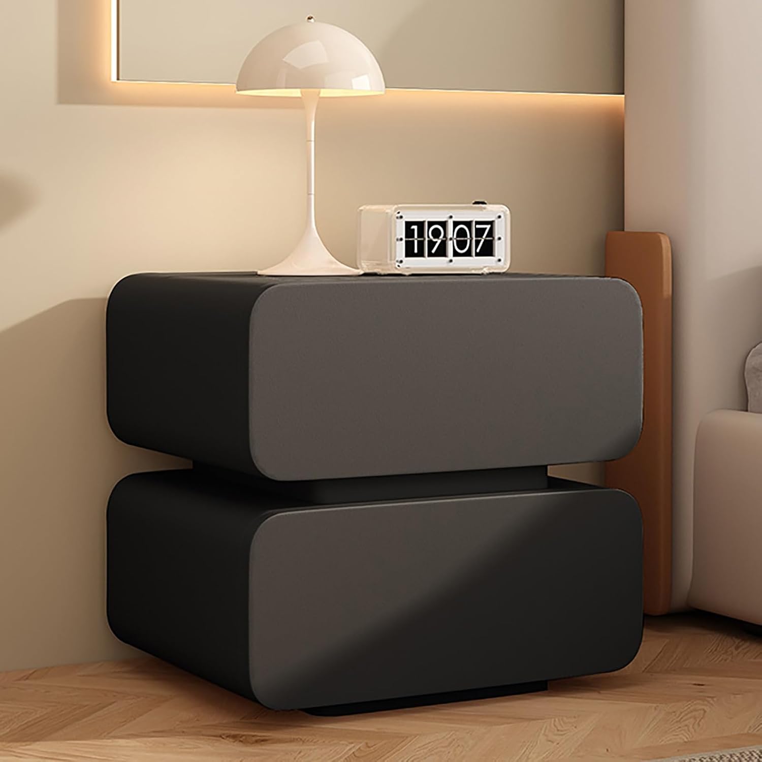 Modern Solid Wood Bedroom Night Table,Small Night Stand with Upholstered Leather Finish,Modern Side Table,2 Drawers,for Bedroom Bedside(Black,L40cm/15.7in-1)