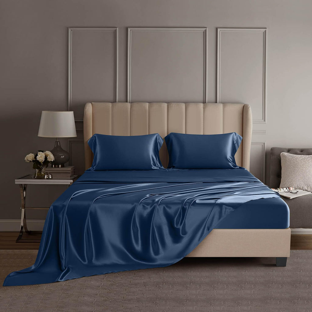 DISANGNI 22 Momme 100% Mulberry Silk Bedding Set - 4-Piece Luxury (2 Pillowcases, 1 Fitted Sheet, 1 Flat Sheet) - 6A Grade Natural Silk (Blue, Queen)