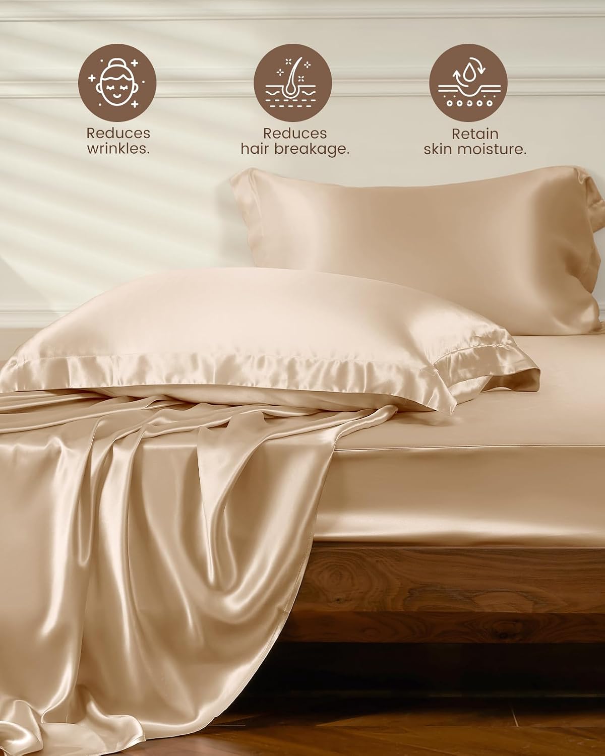 THXSILK 4pcs Silk Bed Sheets Set, 100% Long Stranded 25 Momme Mulberry Silk Bedding Set, Sheets and Pillowcase Set, Extremely Soft and Luxurious (Champagne, Queen)