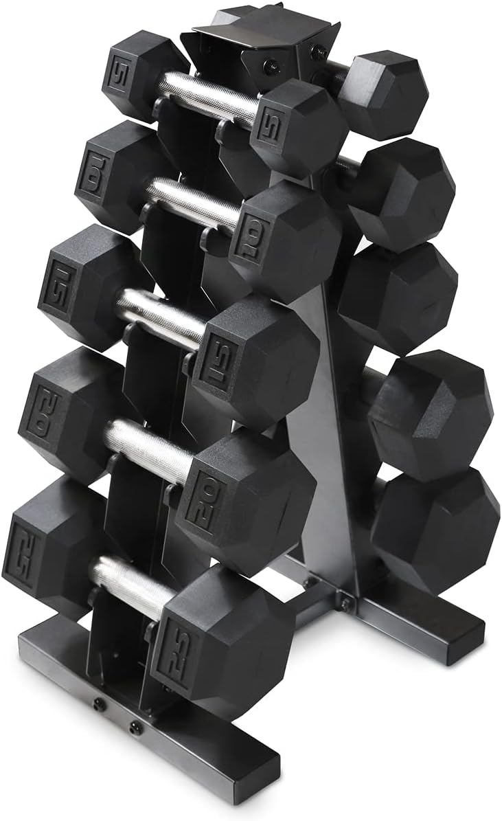 WF Athletic Supply 5-25Lb Rubber Coated Hex Dumbbell Set with A Frame Storage Rack Non-Slip Hex Shape for Muscle Toning, Strength Building & Weight Loss - Multiple Choices Available