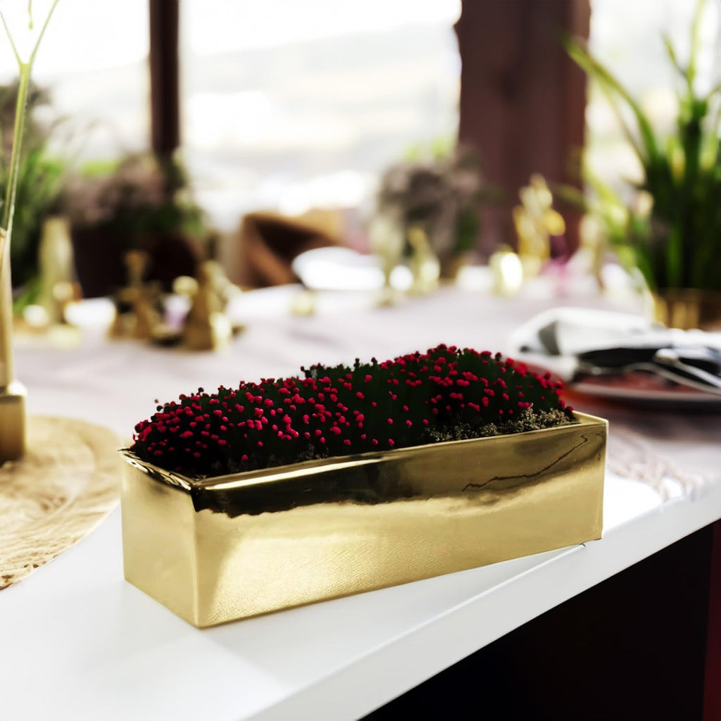 WGVI Long Rectangle Ceramic Planter Vase in Gold 12' x 4' x 4'H, Block Rectangular Terrarium Box Pot, Flower Arrangement, Table top Centerpiece, Home Decor Organization Storage Container, 6 Pcs.