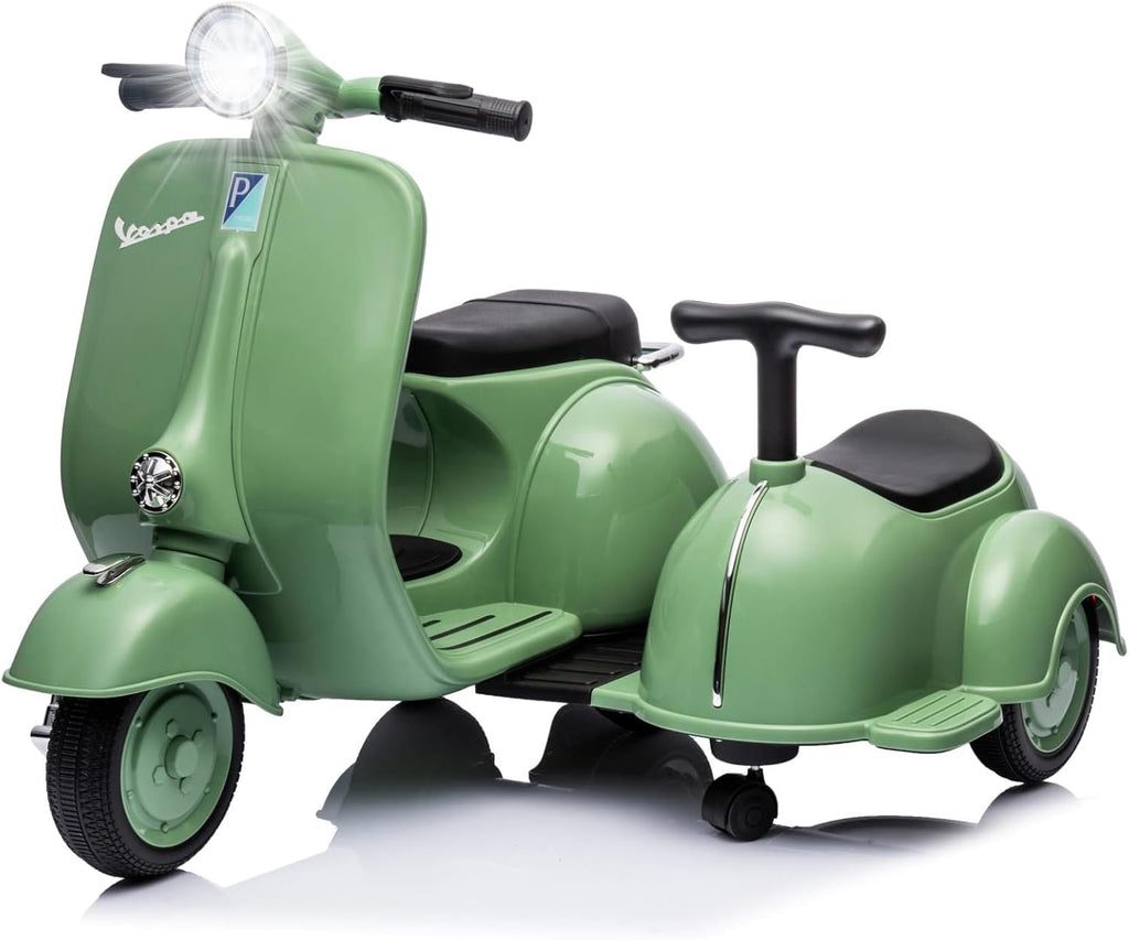 Licensed Vespa Kids Ride On Car with Side Car & Speaker | Motorcycle 2 Seater Three Wheeled Toy Car Rechargeable with Music Player, Volume Button, Lights, USB Plug, Forward, Backward, Green