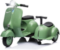 Licensed Vespa Kids Ride On Car with Side Car & Speaker | Motorcycle 2 Seater Three Wheeled Toy Car Rechargeable with Music Player, Volume Button, Lights, USB Plug, Forward, Backward, Green