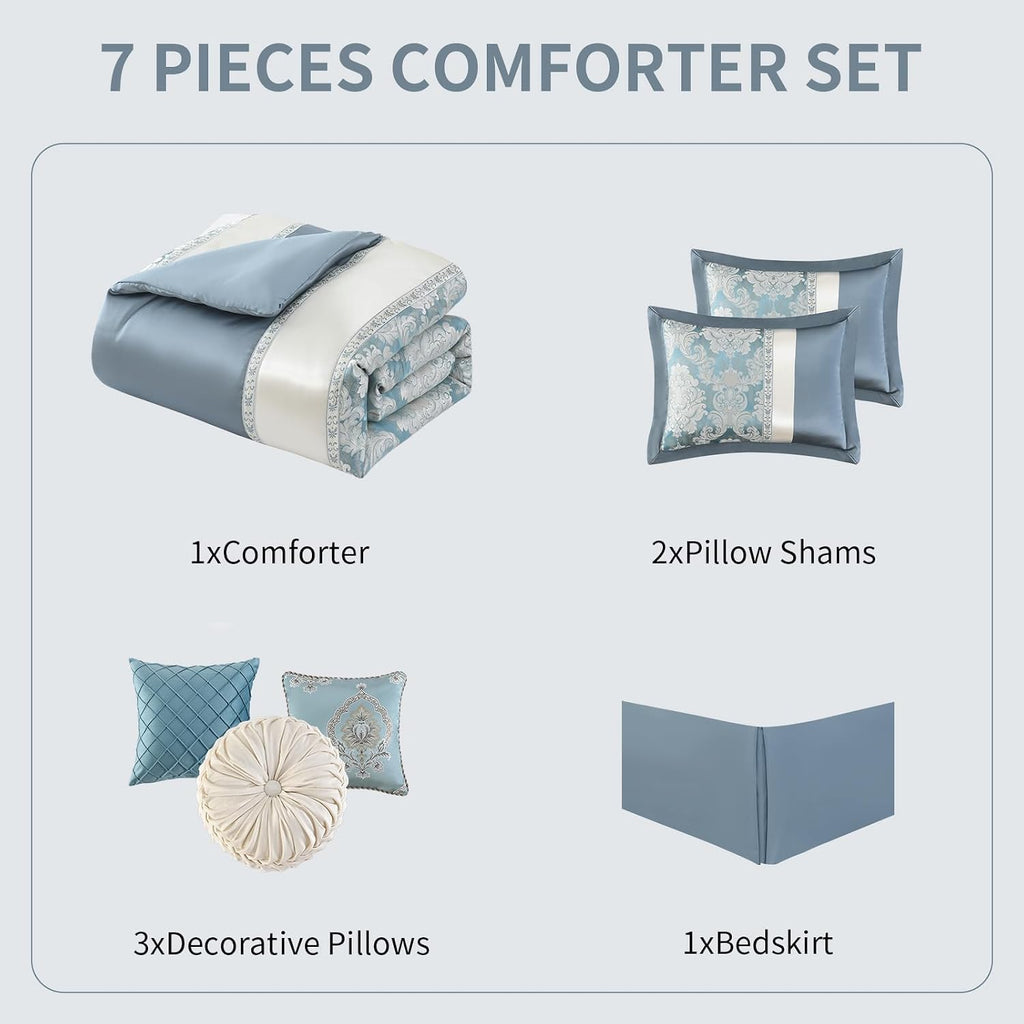 SahSahCasa 7-Piece Luxury Queen Comforter Set, Bed in a Bag Queen, Jacquard Silky Fluffy Comforter Bedding Set with Bedskirt, Decorative Pillows, Elegant Reversible, Down-Alternative, Dusty Blue