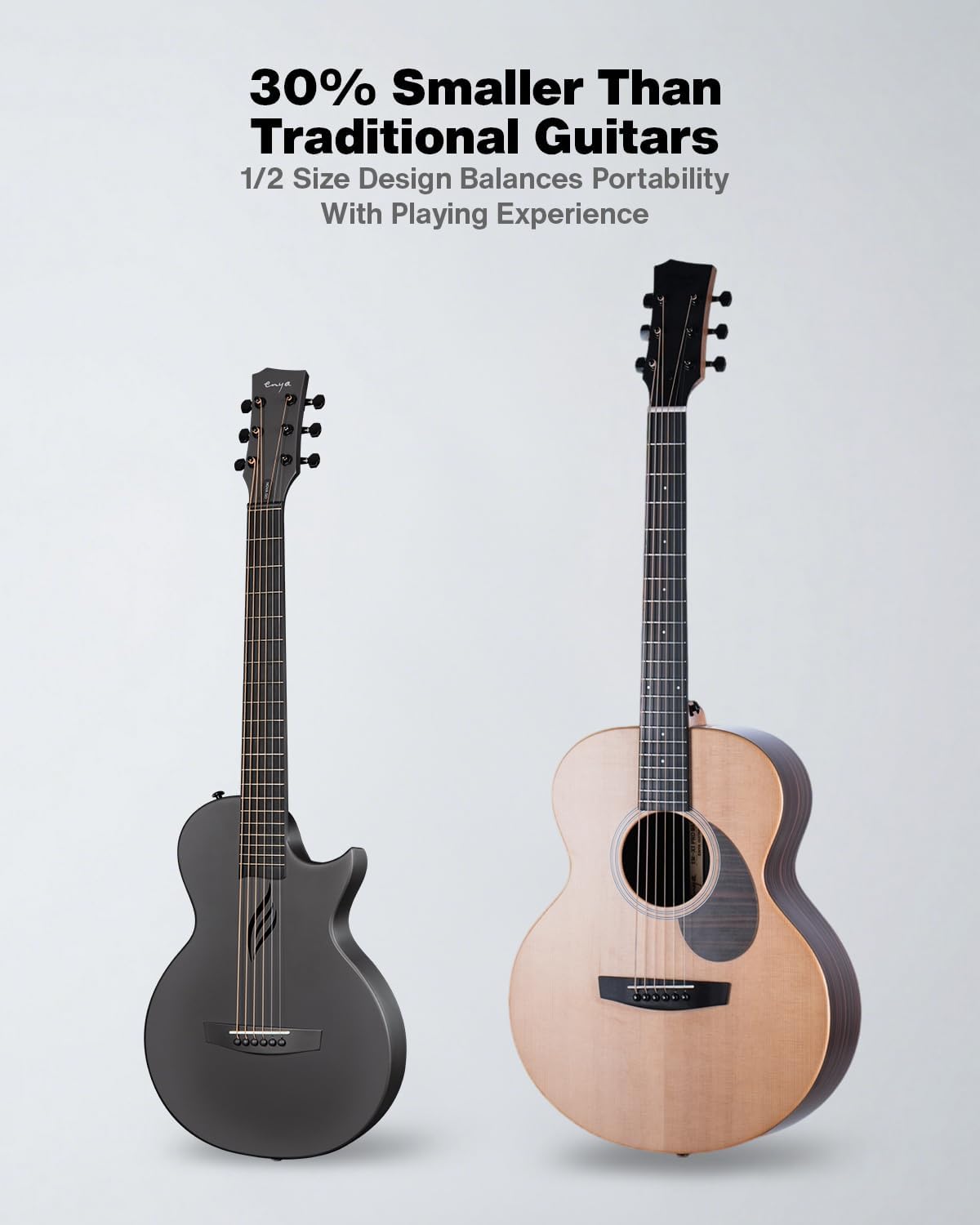 Enya Nova Go Carbon Fiber Travel Acoustic Guitar | 1/2 Size Lightweight Moisture-Proof Guitara | Adult & Beginner Portable Guitar with Gig Bag & Accessories (Black)