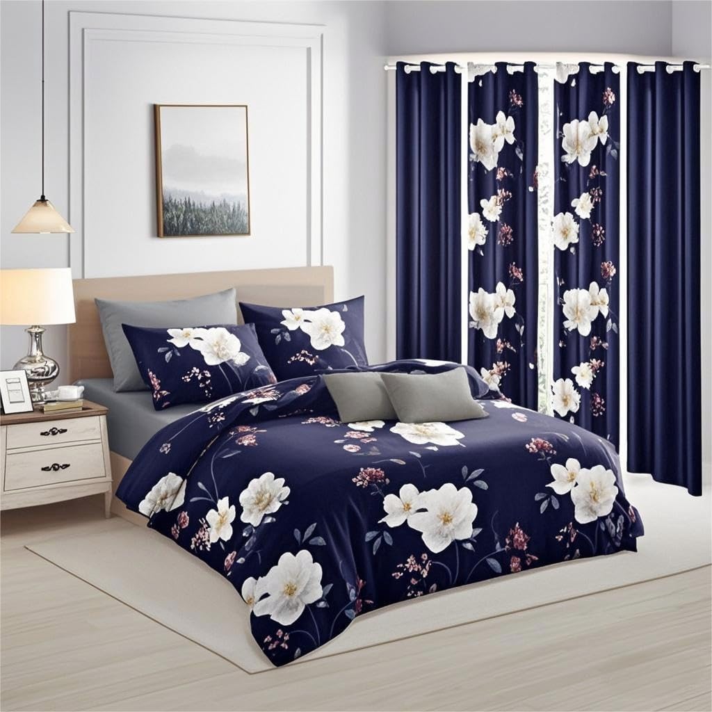 9 Pieces Bed in a Bag with Curtains,King Size,Navy Blue and White Flower,Coverlet Quilted Bed Throw,Bedcover,Machine Washable,Gift for Wedding and Fastival