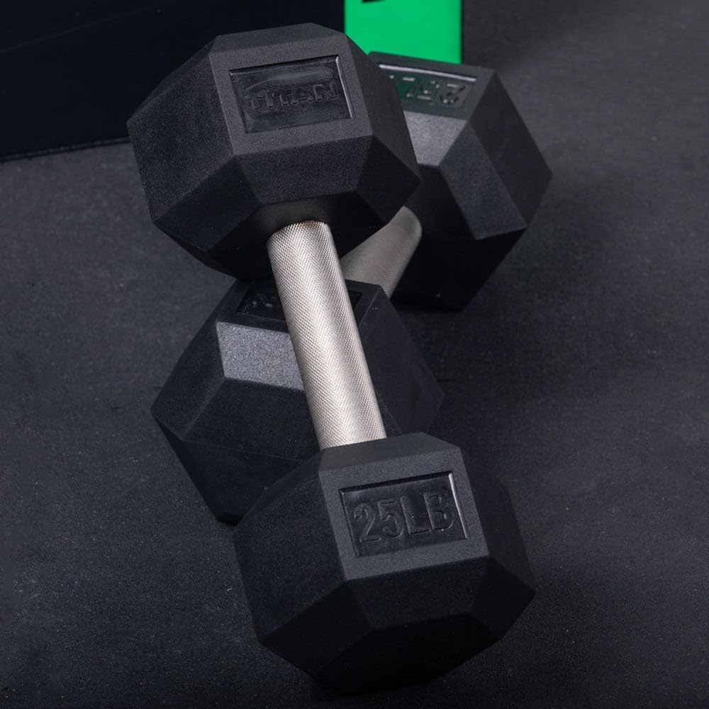 Titan Fitness Free Weights, Rubber Coated Hex Dumbbell, Straight Stainless Steel Handle, Strength Training, Full Body Workout