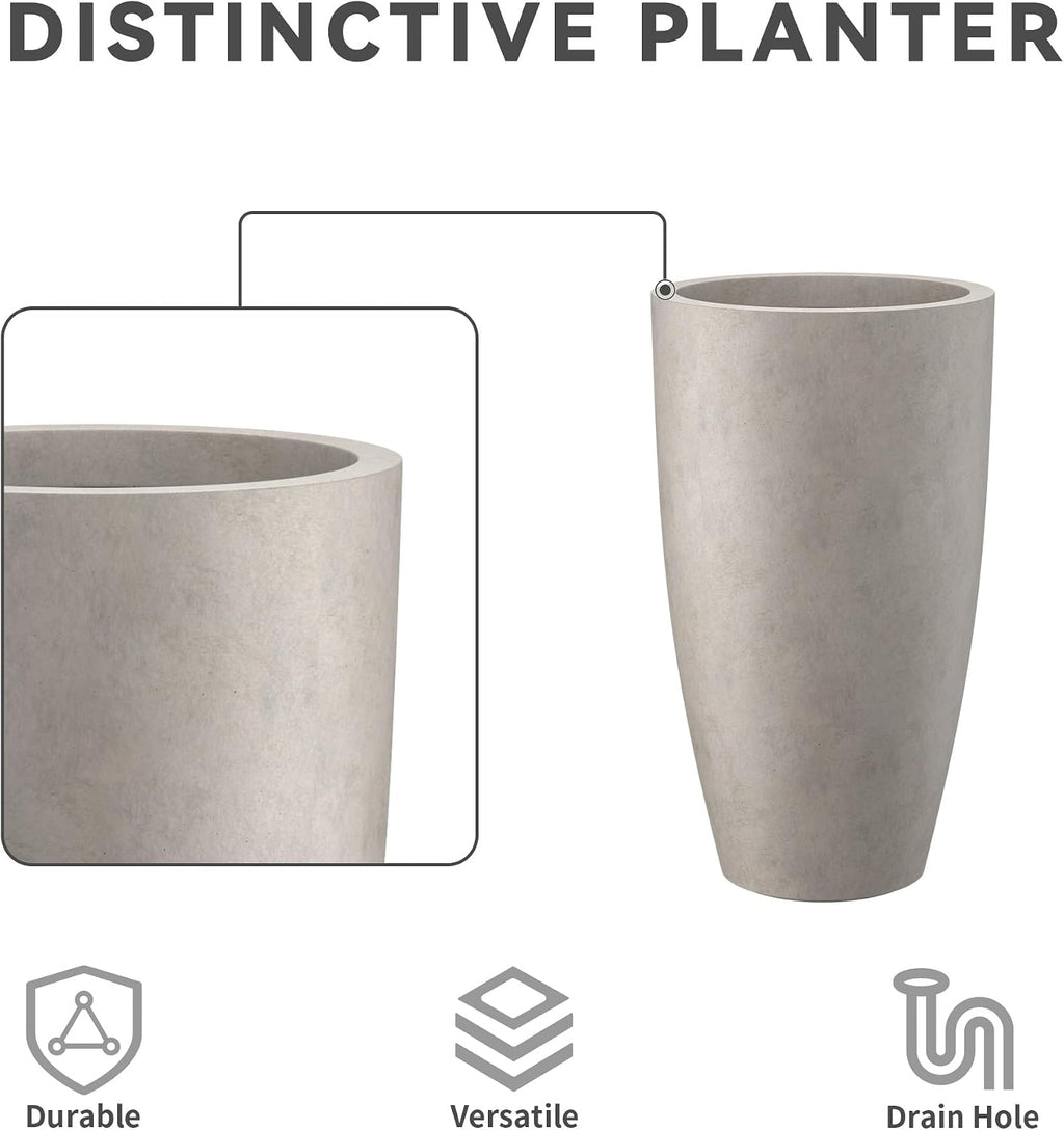 Kante 23.6' H Weathered Concrete Tall Planters (Set of 2), Large Outdoor Indoor Decorative Plant Pots with Drainage Hole and Rubber Plug, Modern Style for Home and Garden