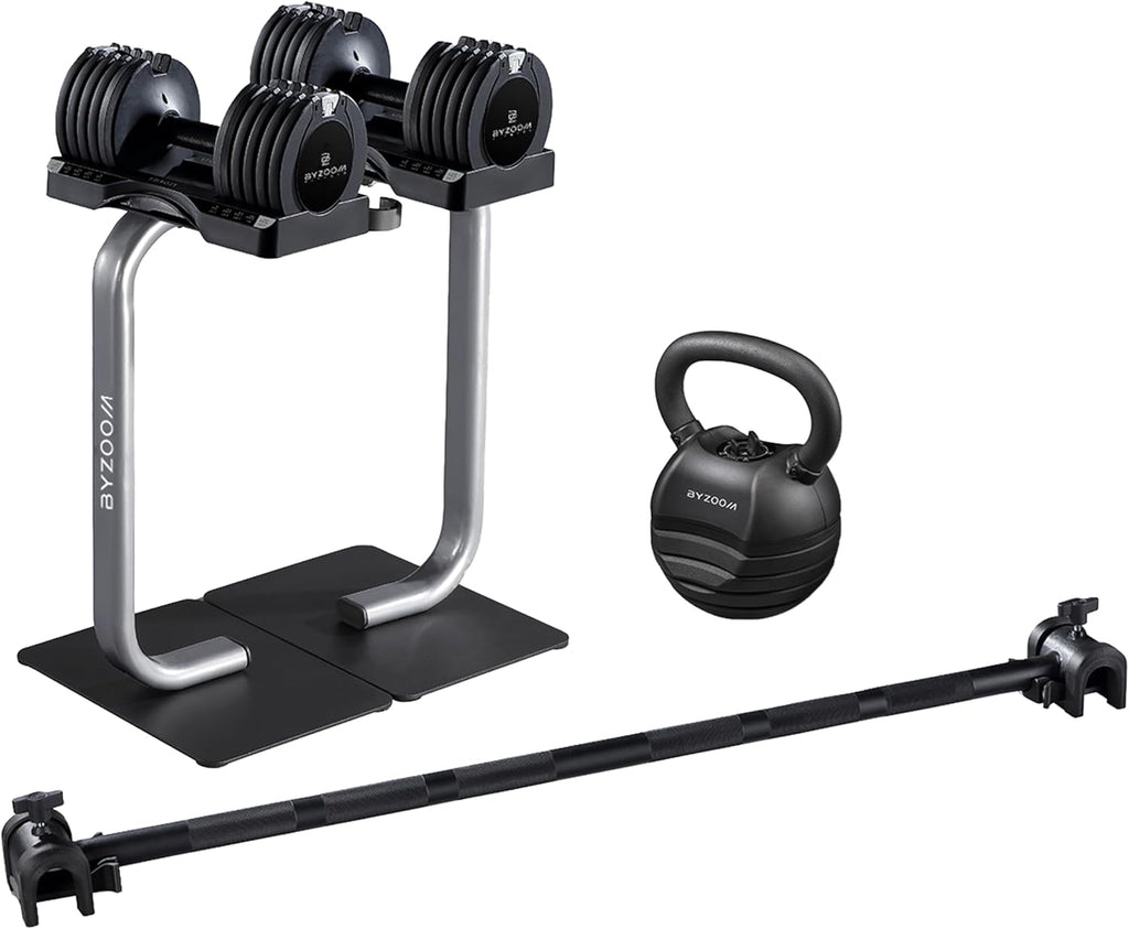 BYZOOM FITNESS 25lb Adjustable Dumbbells Easy Bar Dumbbell Stand Kettlebell Full Set