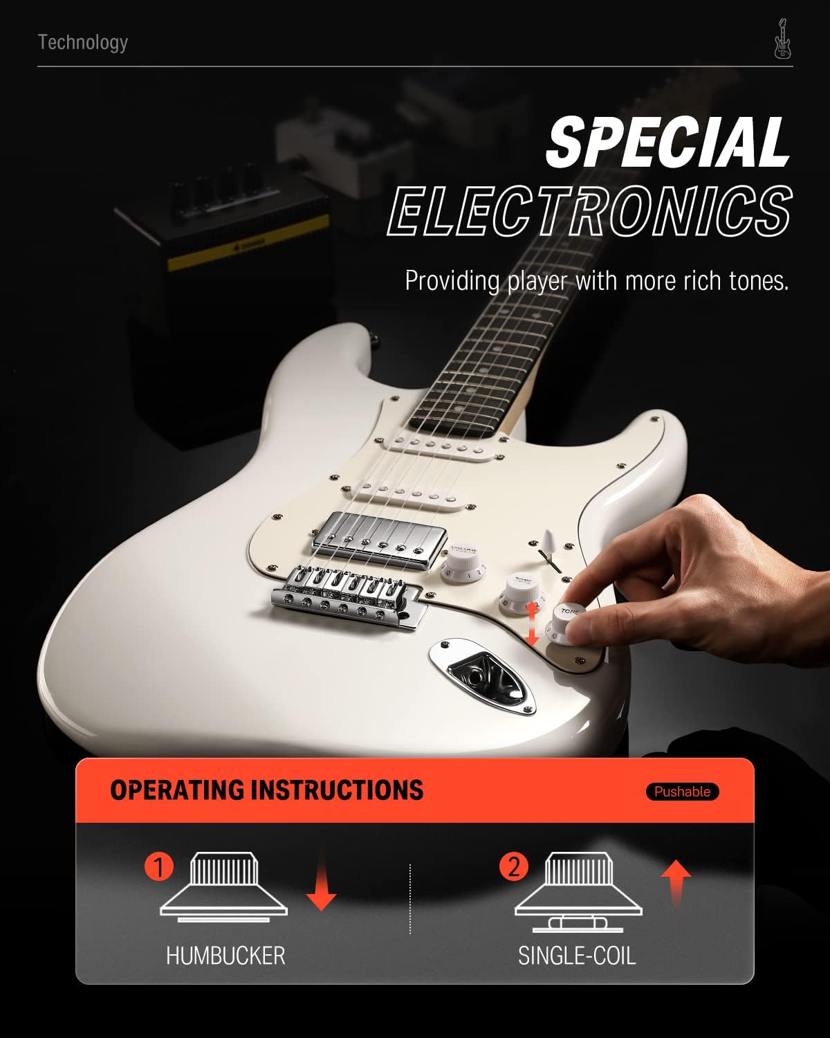 Donner Electric Guitar, DST-152 39' Starter Kit with HSS Pickup Coil Split, 10W Amp, Padded Bag, Accessories, Polar White