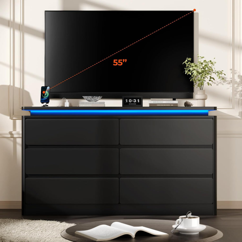 Loomie Upgraded 6 Drawer Black Dresser for Bedroom, 47.2' Long Chest of Drawers with Charging Station & LED Lights, Wooden Storage Cabinet Dresser for Closet,Modern TV Stand with Deep Drawers