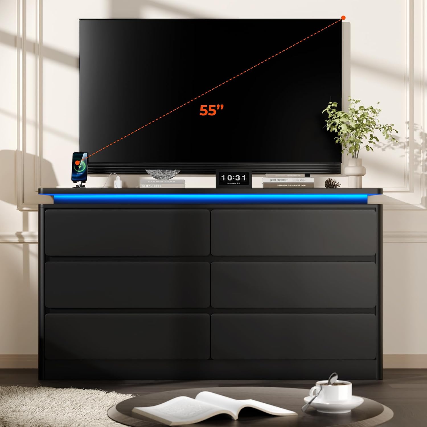 Loomie Upgraded 6 Drawer Black Dresser for Bedroom, 47.2' Long Chest of Drawers with Charging Station & LED Lights, Wooden Storage Cabinet Dresser for Closet,Modern TV Stand with Deep Drawers