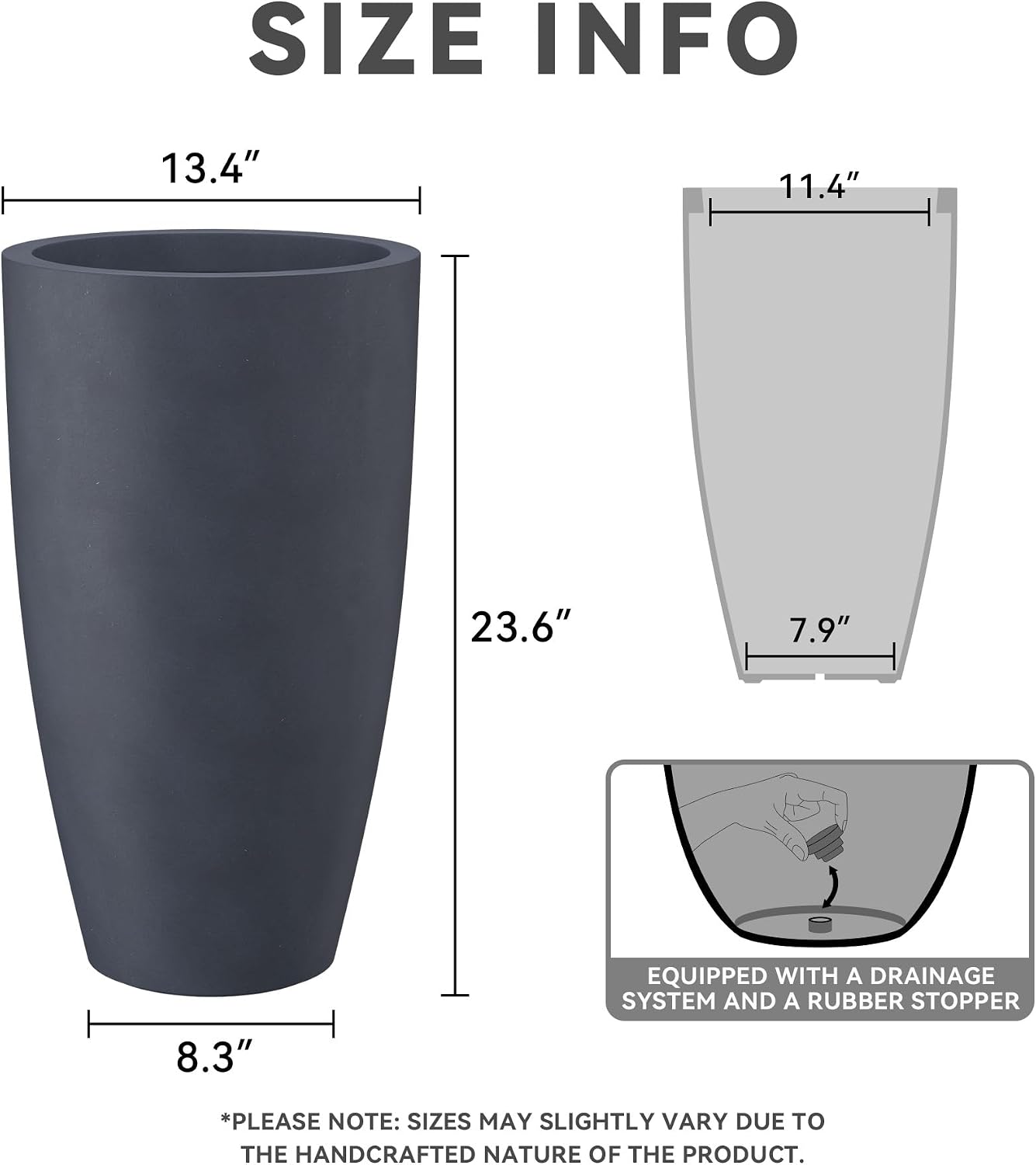 Kante 23.6' H Charcoal Concrete Tall Planters Two Pack, Large Outdoor Indoor Garden Plant Pots with Drainage Hole and Rubber Plug, Modern Decor for Home and Garden