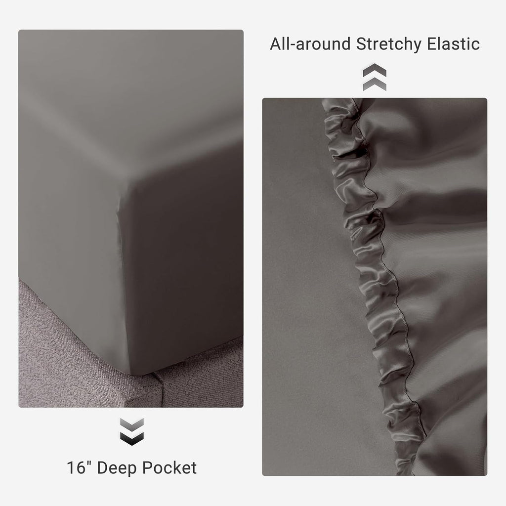 THXSILK 100% Mulberry Silk Fitted Sheet Set, 7A+ Silk 3 Pieces Bed Sheets, Breathable, Smooth, 16 Inch Deep Pocket Fitted Sheet, 2 Pillowcases - Charcoal, Full