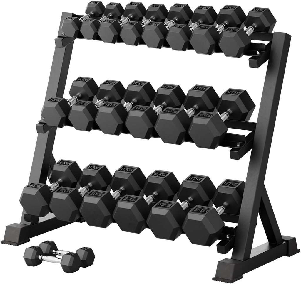 RITFIT Rubber Hex Dumbbells Set with Rack, 180-780LB Heavy-Duty Cast Iron Core, Knurled Chrome Handle, Space-Saving Storage Rack for Home Gym Strength Training