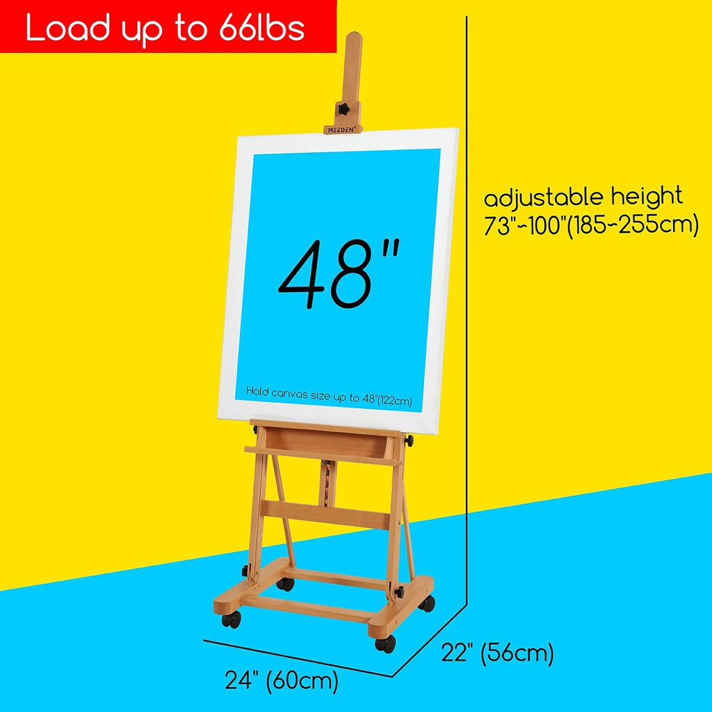 MEEDEN Large Studio H-Frame Beech Wood Artist Easel - Adjustable Movable Tilting Easel, Floor Painting Easel Stand, Holds Canvas Art up to 48'