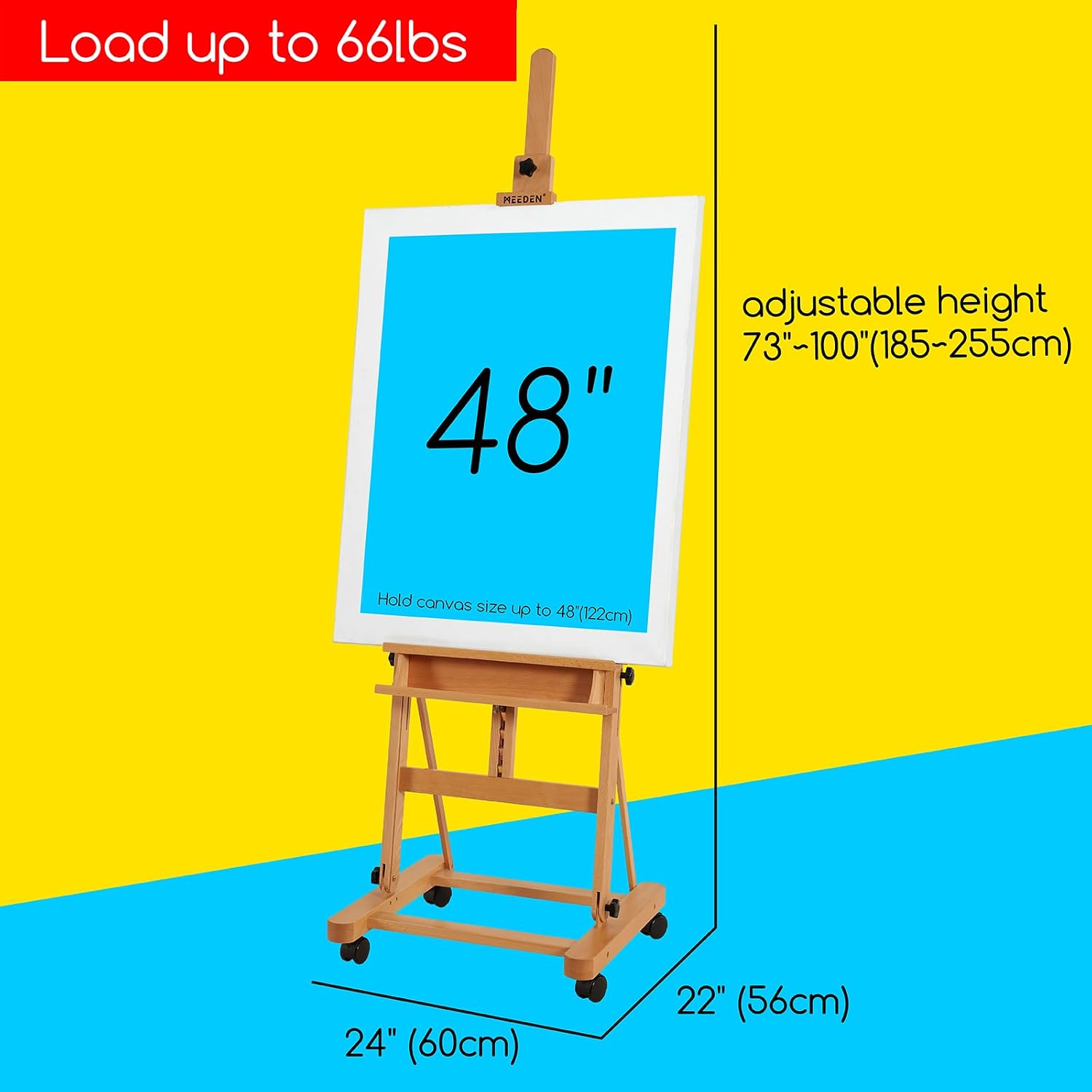 MEEDEN Large Studio H-Frame Beech Wood Artist Easel - Adjustable Movable Tilting Easel, Floor Painting Easel Stand, Holds Canvas Art up to 48'