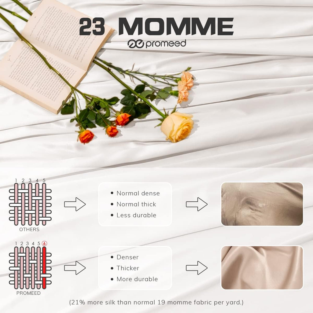 PROMEED 100% Mulberry Silk Sheets Set - 4 PCS, 23 Momme Silk Bedding Set with Flat Sheet, Fitted Sheet and Pillowcases (White, King)