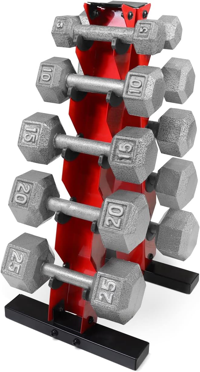 WF Athletic Supply 5-25 Lb Cast Iron Dumbbells Set with A Frame Storage Rack, Solid Gray/Black Hexagon Free Weights for Weight Lifting & Strength Training, Storage Rack Color Options Available