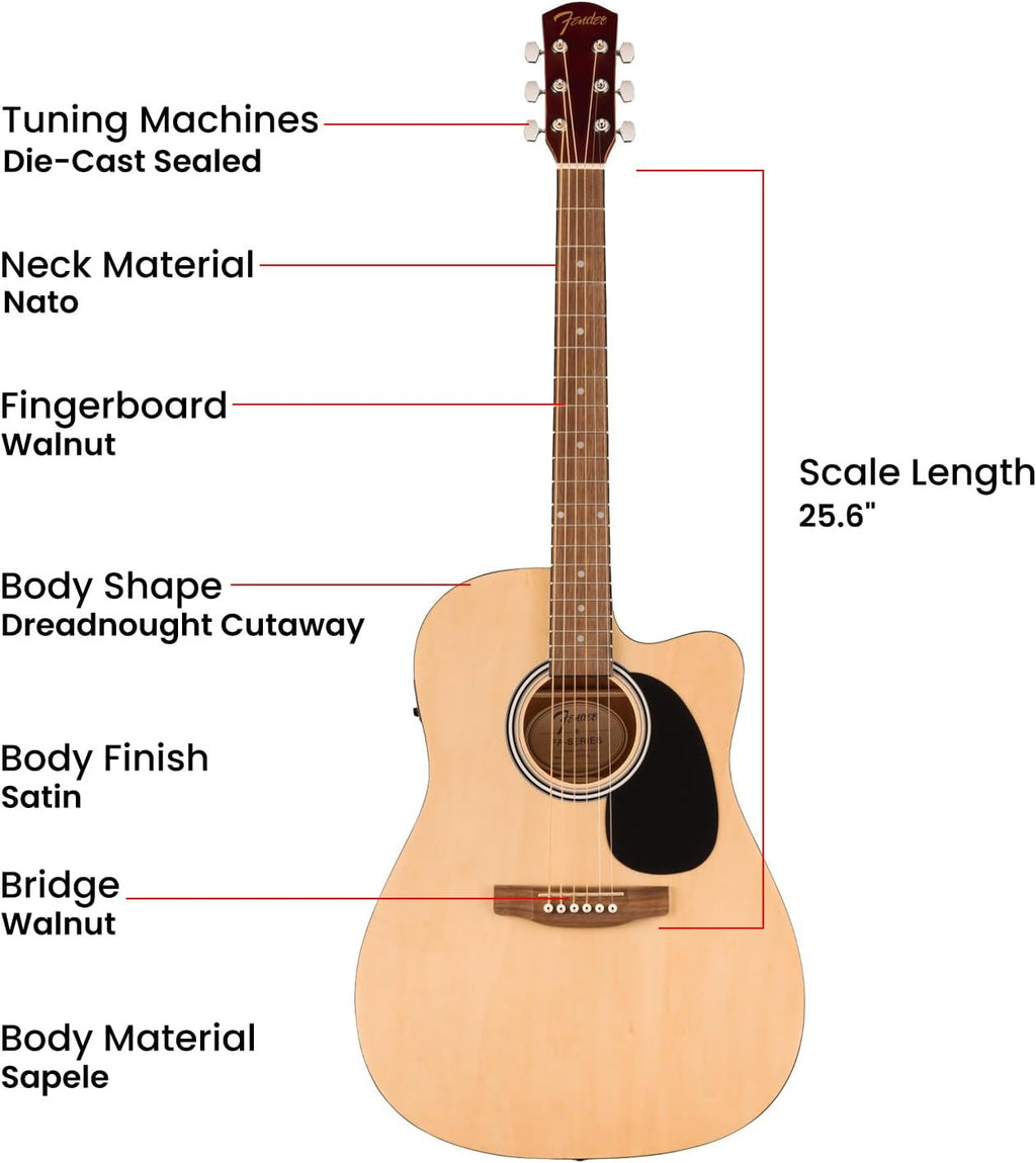 Fender FA Series Dreadnought Acoustic-Electric Guitar - Natural Bundle with Gig Bag, Strap, Strings, Picks, and Austin Bazaar Instructional DVD