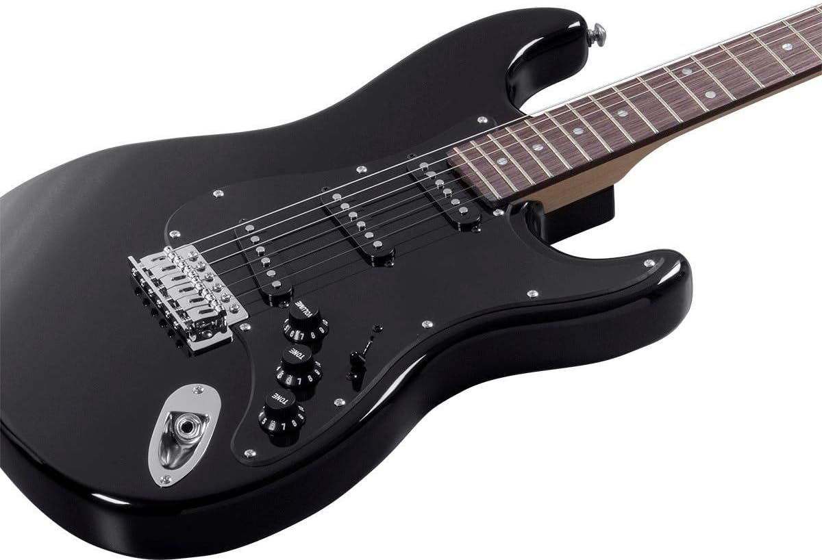 Monoprice Cali Classic Electric Guitar - Black 6 Strings, Double-Cutaway Solid Body, Right Handed, SSS Pickups, Full-Range Tone, With Gig Bag, Perfect for Beginners - Indio Series