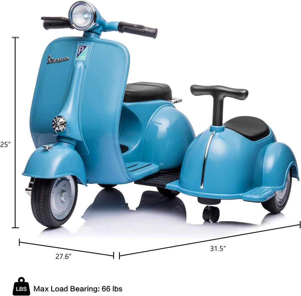 Kids Three Wheeled Motorcycle with Side Car & Speaker, Rechargeable Ride On Toy (Blue)