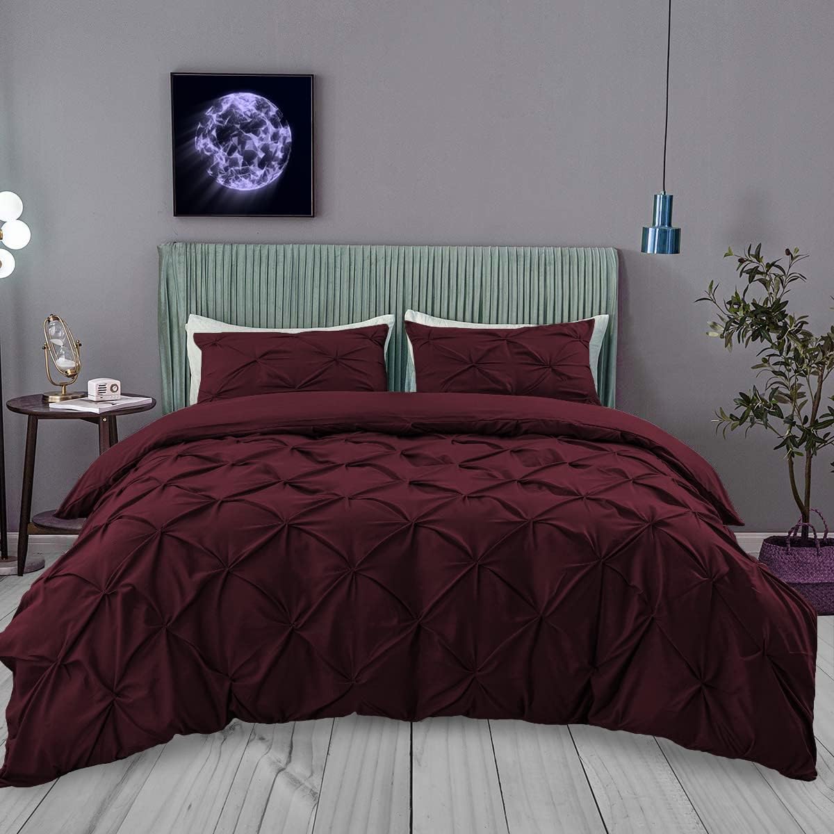 Wine Color Pinch Pleated Durable Soft Comfy 3-PCs Duvet Cover Set with Zipper Closure & Corner Ties, 600-TC Peruvian Pima Cotton Oversized King Size (120' x 98')