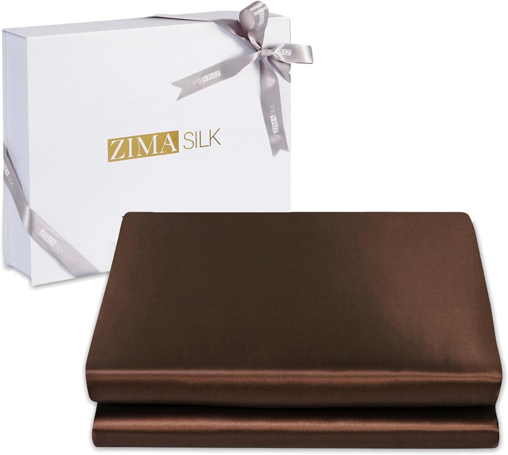 ZIMASILK 100% 19 Momme Mulberry Silk Fitted Sheet for Sleeping with Deep Pocket, Soft, Breathable & Hypoallergenic for Hair & Skin Care (King 78''x80''+16', Chocolate)